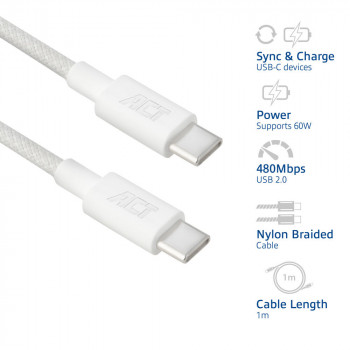 ACT Καλώδιο φόρτισης/δεδομένων USB 2.0 60W USB-C σε USB-C, λευκό, 1 m (AC3080)