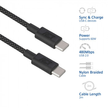 ACT Καλώδιο φόρτισης/δεδομένων USB 2.0 60W USB-C σε USB-C, μαύρο, 2m (AC3083)