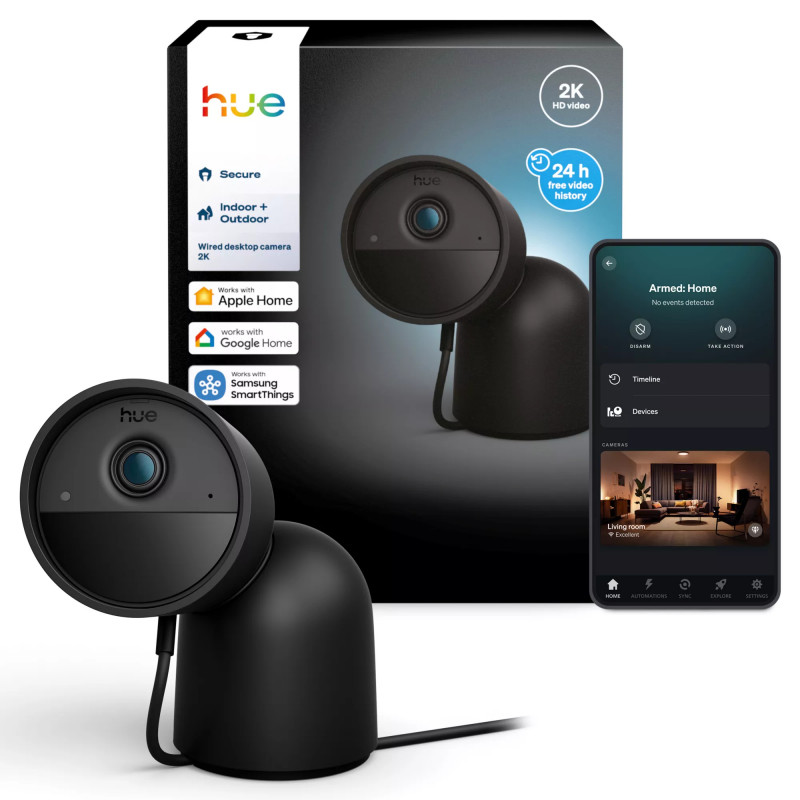 Philips Hue Secure Ενσύρματη κάμερα με βάση, 2K Ανάλυση βίντεο, Μαύρο