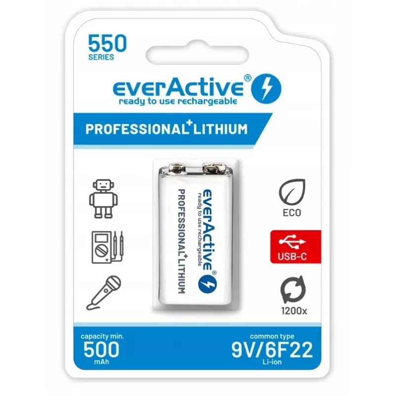 Επαναφορτιζόμενη μπαταρία everActive 6F22/9V Li-ion 550 mAh με USB TYPE C
