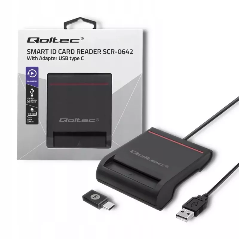 Αναγνώστης Καρτών ID QOLTEC Smart-Chip — USB, μαύρο, 84,5×65×16 mm, 63 g