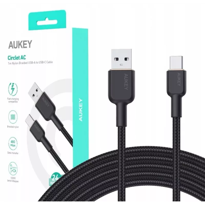 Καλώδιο USB-A σε USB-C Aukey CB-NAC1, 1 m, πλεκτό νάιλον, USB PD 60 W, USB 2.0