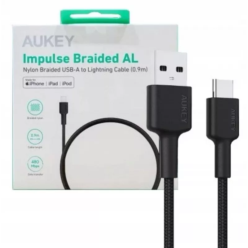 AUKEY CB-CD30 καλώδιο USB-A σε USB-C 0,9 m, πλεκτό νάιλον, 60W PD, 3A, μαύρο