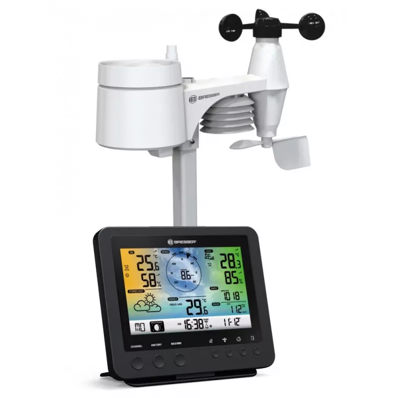 Bresser 7002580 Weather Center 5-in-1 ψηφιακός μετεωρολογικός σταθμός Wi-Fi με επαγγελματικό αισθητήρα, οθόνη 5,7″, ρεύμα δικτύου, μαύρος