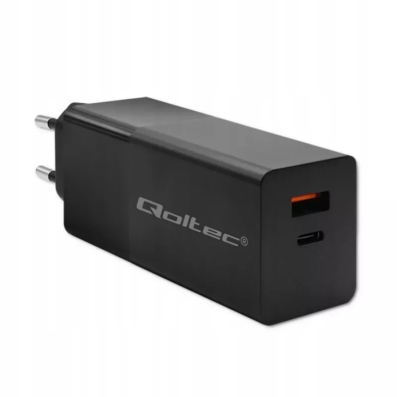 Qoltec 52382 GaN POWER PRO Φορτιστής | 1xUSB Type C | 1xUSB A | 100W | 5-20V | 1.5-5A | PD | μαύρο