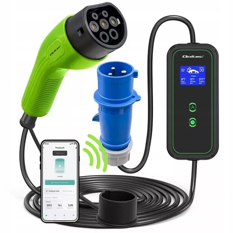 Qoltec Mobile EV Car Charger Adjustable 2in1 Type2 | 7kW | 230V | CEE 3 PIN | Wi-fi| LCD | φορητός | Wallbox | 5m