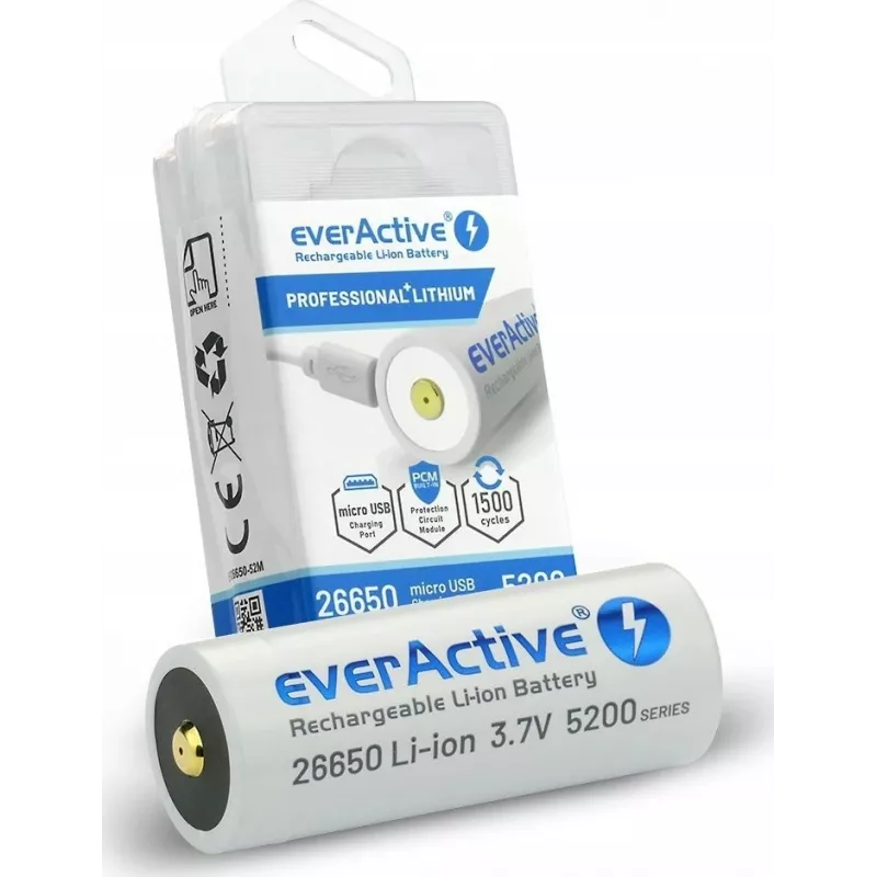 Επαναφορτιζόμενη μπαταρία everActive EV26650-52M 3,7V 5200mAh με λειτουργία φόρτισης Micro-USB