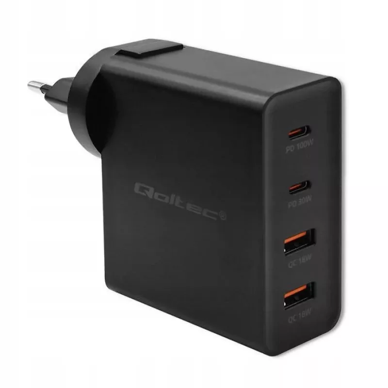 Qoltec GaN POWER PRO Φορτιστής | 2xUSB-C | 2xUSB | 130W | 5-20V | 1.5-5A | XP | μαύρο