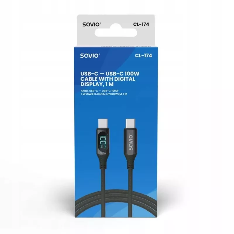 Savio CL-174 καλώδιο USB-C σε USB-C, 100 W, Power Delivery/Quick Charge, ψηφιακή οθόνη, 1 μ., πράσινο