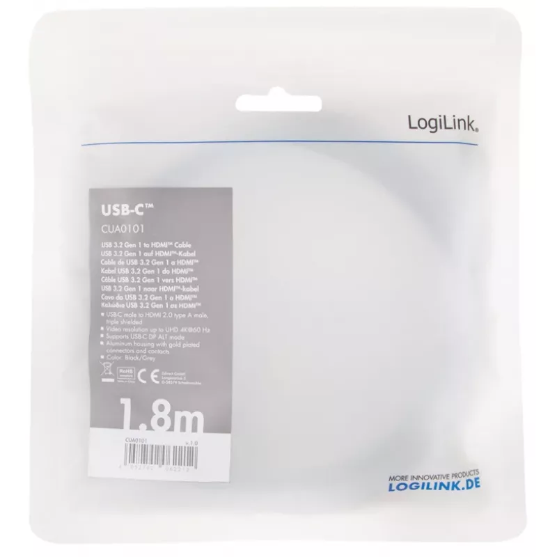 LogiLink CUA0101 Καλώδιο USB 3.2 Gen1 Type-C σε HDMI-A 1,8 m Μαύρο Γκρι