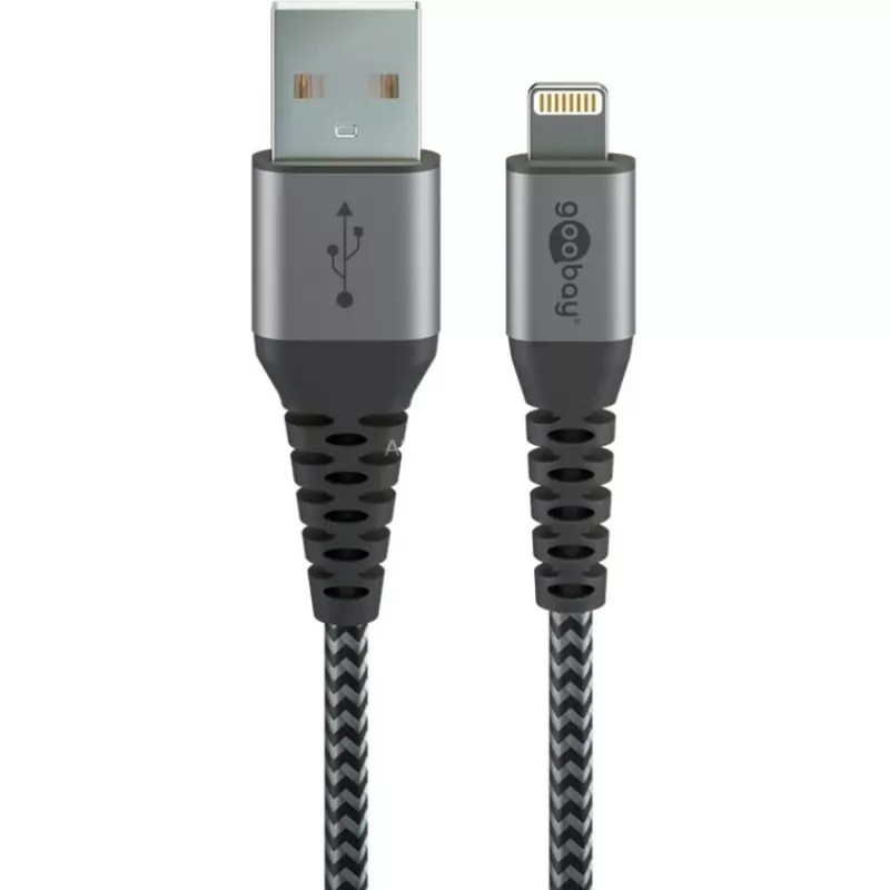 Goobay 49268 υφασμάτινο καλώδιο Lightning σε USB-A με μεταλλικά βύσματα, MFi, 1 m, γκρι σκούρο (space grey)/ασημί