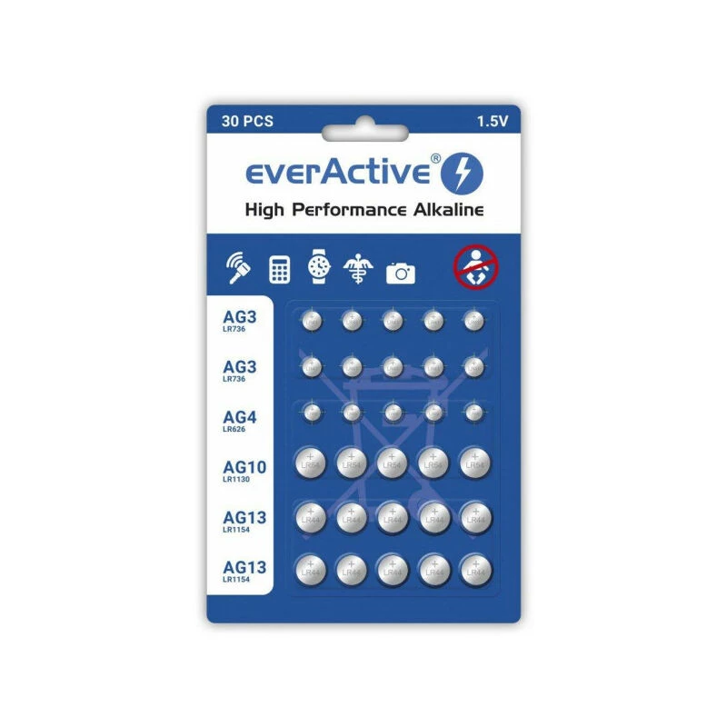 Αλκαλικές μπαταρίες everActive AGMIX30BL 1,5 V — Συσκευασία 30 τεμ., κουμπωτές μπαταρίες