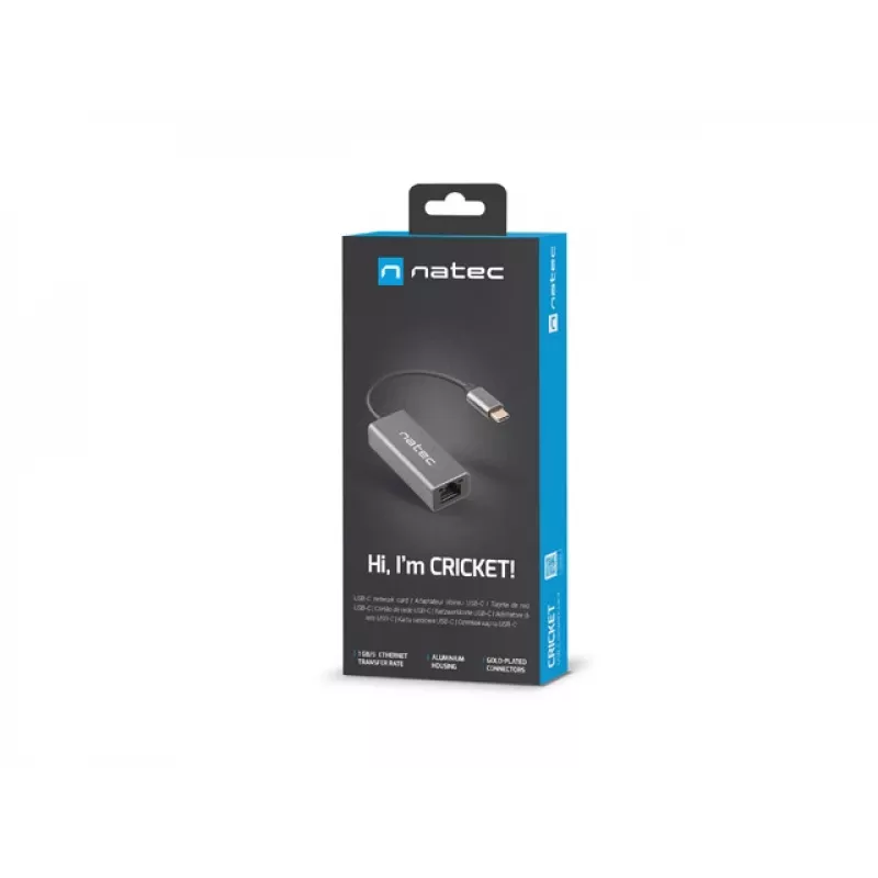 Natec Cricket NNC-1925 προσαρμογέας Ethernet USB-C 3.1 Gen 1 σε RJ45, 1000 Mbit/s, καλώδιο 15 εκ., αλουμίνιο, γκρι