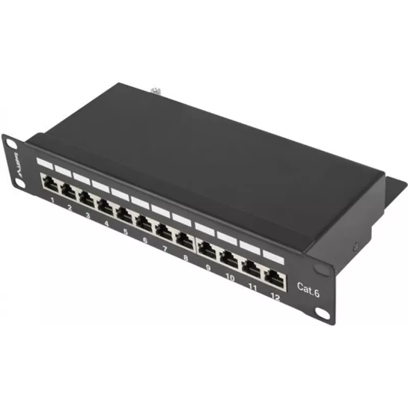 Patch panel LANBERG PPF6-9012-B — 12 θύρες RJ45, μέταλλο, μαύρο, 1U (215×44,5×130 mm)