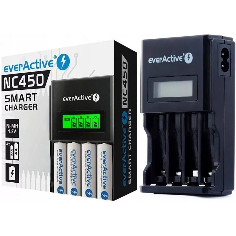Φορτιστής μπαταριών everActive NC450B — φορτιστής 4 στοιχείων AAA, 110/230V AC, μαύρος