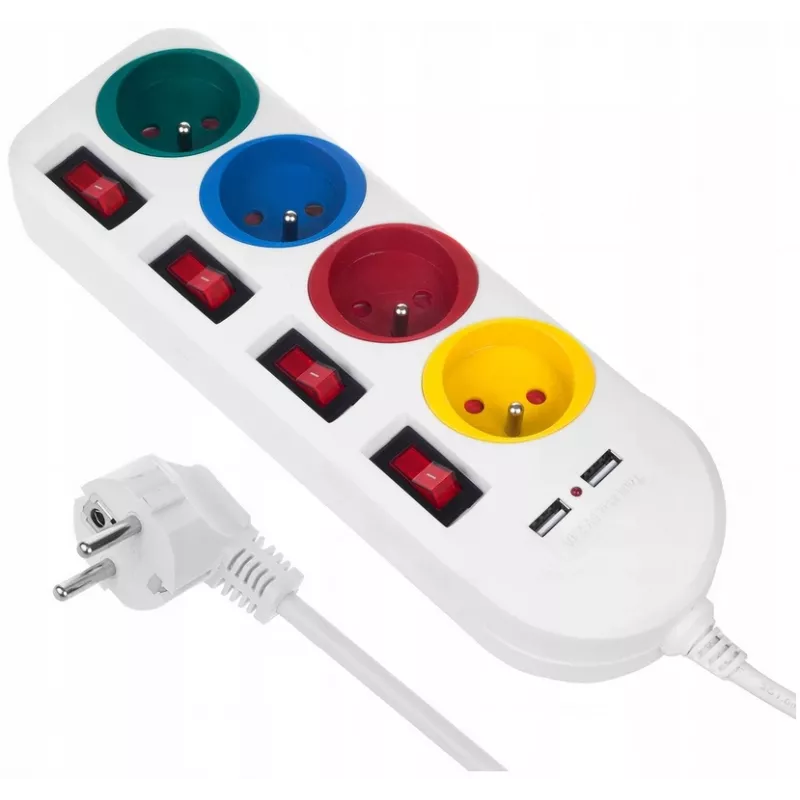 Πολύπριζο MACLEAN MCE229W — 4 πρίζες, 2× USB, καλώδιο 1,5 m, Τύπος F, 10 A, λευκό