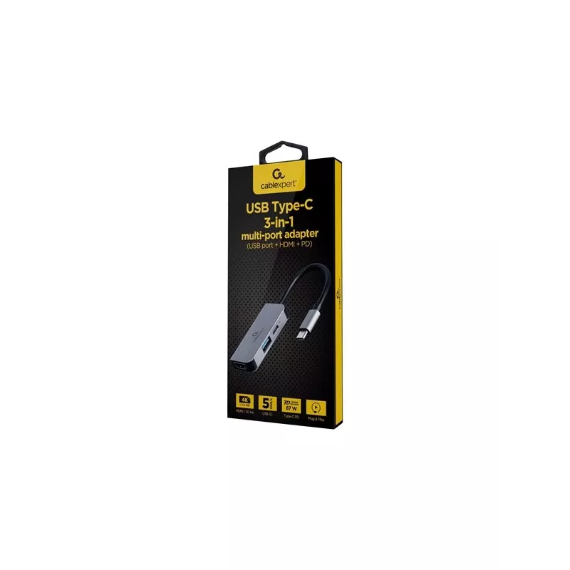 Gembird A-CM-COMBO3-02 προσαρμογέας πολλαπλών θυρών USB-C 3 σε 1, hub USB 3.2 Gen 1, HDMI 4K, USB-C PD 87 W, ασημί