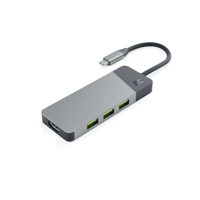USB‑Type‑C‑Hub Green Cell HUBGC01 — 7 θύρες: 3×USB‑A 3.2 Gen 1, 1×USB‑C 3.2 Gen 1, HDMI, Αναγνώστης καρτών microSD+SD — Ασημί
