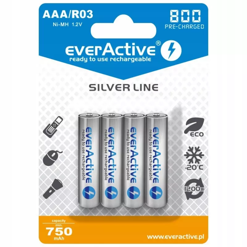 Επαναφορτιζόμενες μπαταρίες AAA NiMH everActive EVHRL03-800 – 1,2 V, 4 τεμ., κυλινδρικές 44,5×10,5 mm