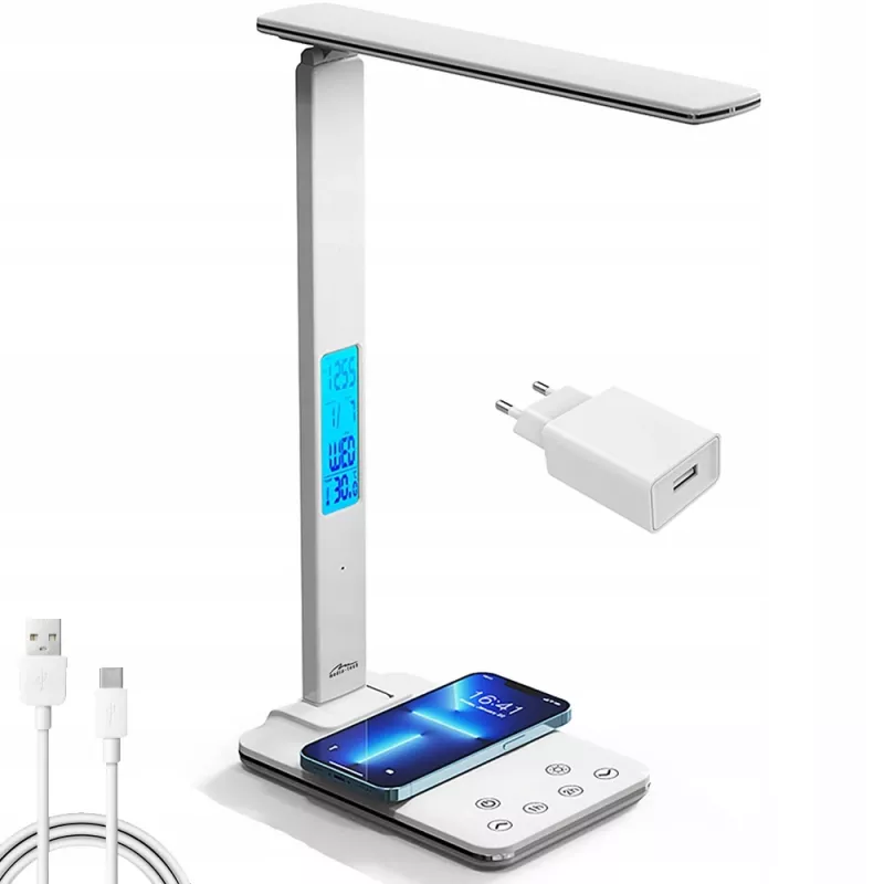 Media-Tech MT222 Leditou φωτιστικό γραφείου LED με ασύρματο φορτιστή Qi 15 W, ρολόι, ξυπνητήρι, θερμόμετρο, λευκό