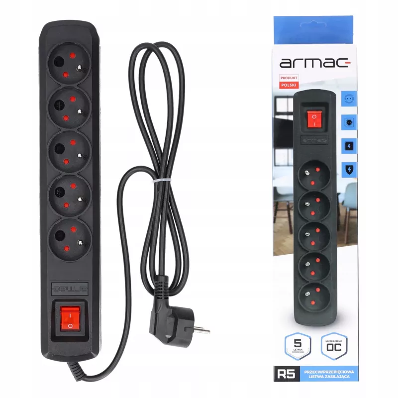 Πολύπριζο ARMAC R5 — 5 πρίζες, καλώδιο 5 m, μαύρο