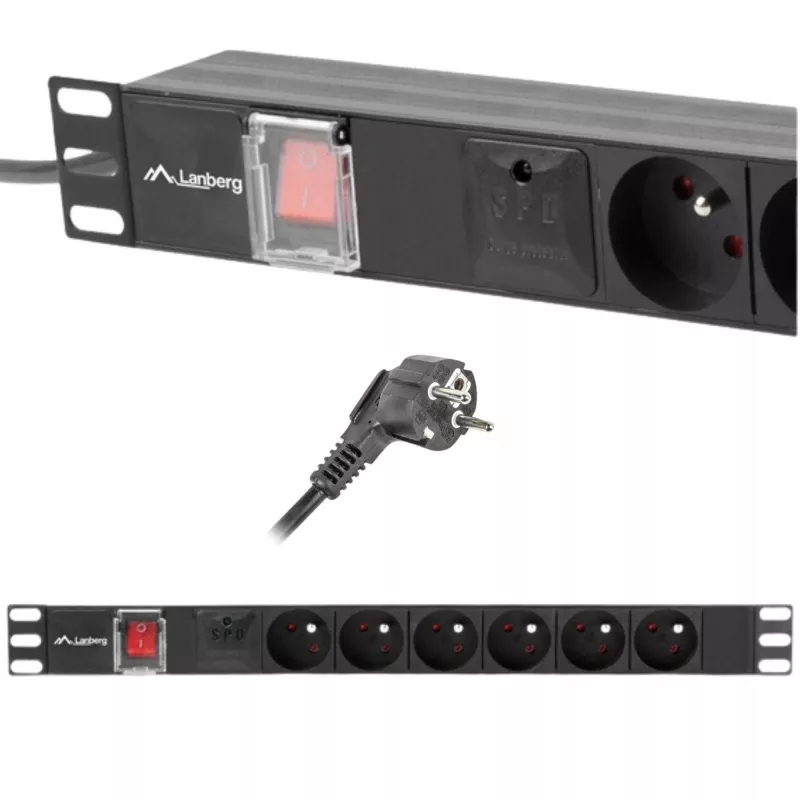 Μονάδα διανομής ρεύματος LANBERG PDU-06E-0200-BK — 6x έξοδοι Type-E, 16 A, καλώδιο 2 m, Rack 1HE, 220–250 V