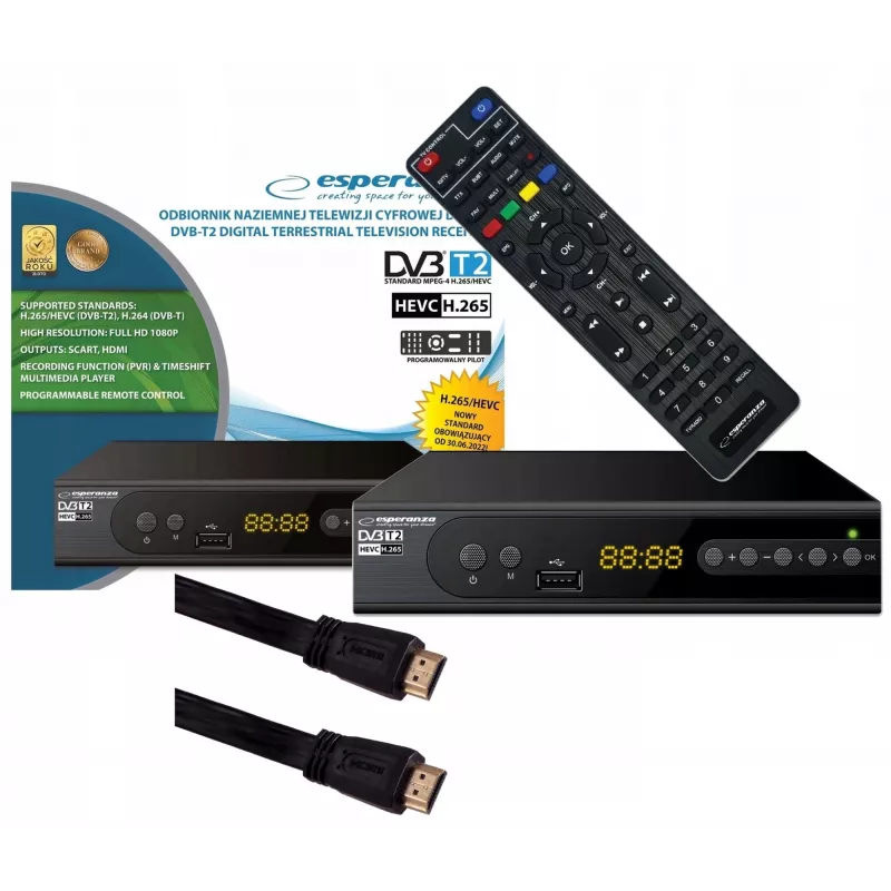 Esperanza EV106P αποκωδικοποιητής DVB-T2 H.265/HEVC, HDMI, SCART, USB, PVR, μαύρος