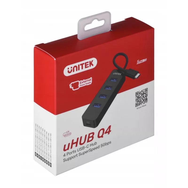 USB Hub Unitek uHUB Q4 – 4 Θύρες USB 3.2 Gen 1 (Type-A) Hub, USB-C Host, 5 Gbit/s, 10 W, μαύρο