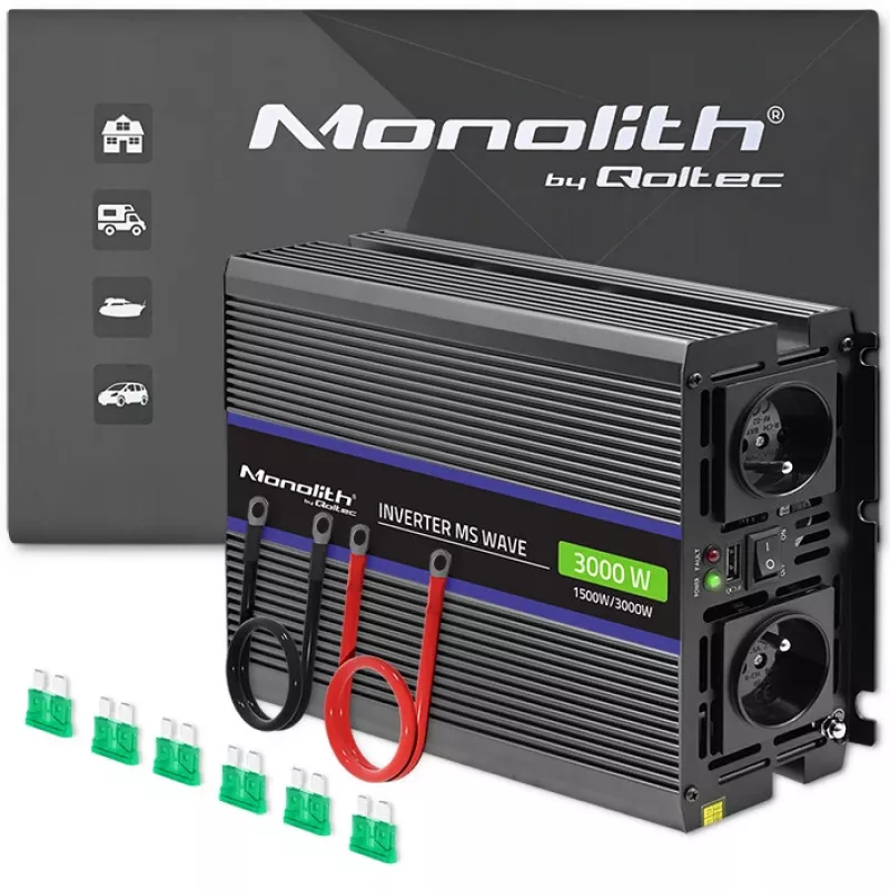Μετατροπέας QOLTEC Monolith 3000 MS Wave, 12V→230V, 1500/3000W, με USB