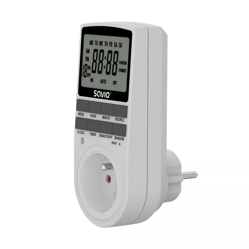 SAVIO AE-03 Ψηφιακός χρονοδιακόπτης με οθόνη LCD, 10 προγράμματα, 16A, βύσμα Schuko, λευκό