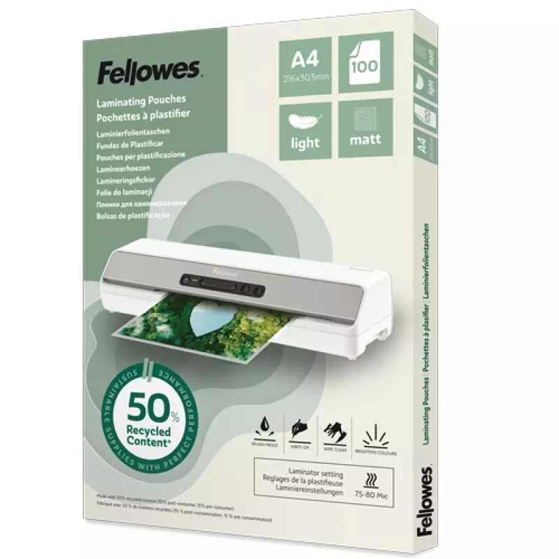 Fellowes Συσκευασία 100 Τεμ. A4 Ματ Θήκες Πλαστικοποίησης, 80 Mikron, Ανακυκλωμένες