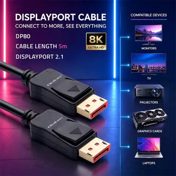 Qoltec Καλώδιο DisplayPort v2.1 αρσενικό σε αρσενικό 8K 54G 5m Μαύρο