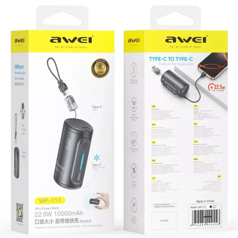 AWEI WP-117 Power Bank 10000mAh 22.5W 3C2xUSB-C μαύρο