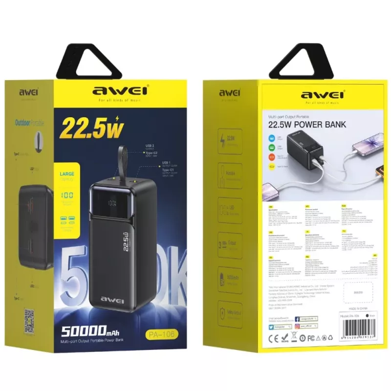 AWEI PA-106 Power Bank 50000mAh 22.5W PD 3xUSB-C μαύρο