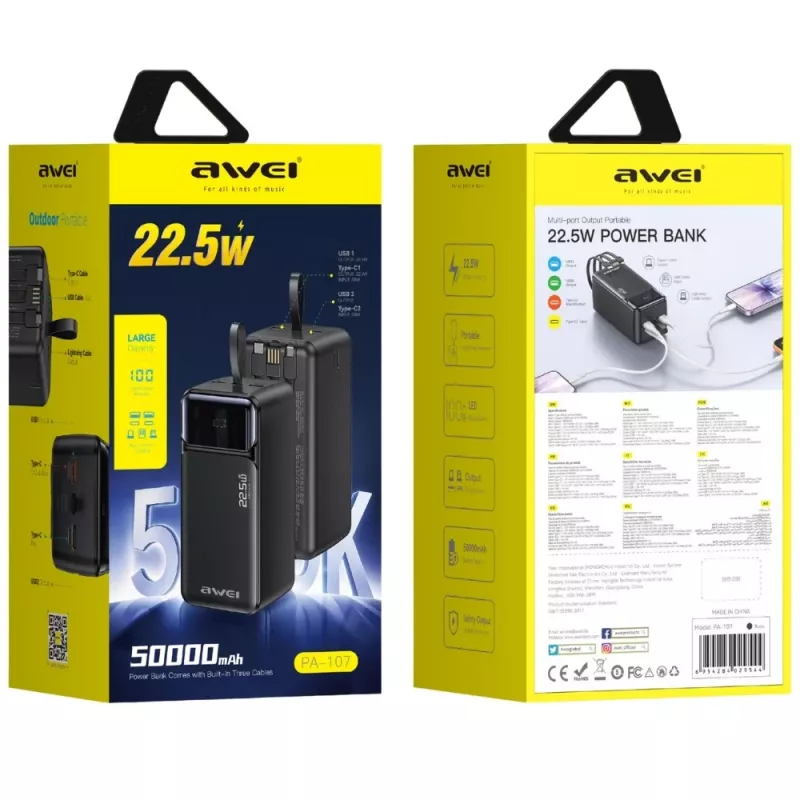 AWEI PA-107 Power Bank 50000mAh 22.5W PD 3xUSB μαύρο