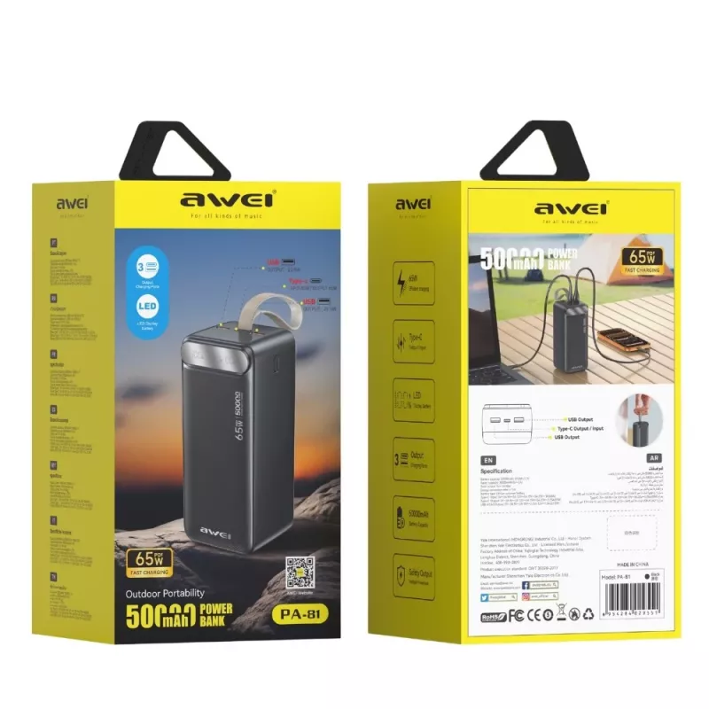 AWEI PA-81 Power Bank 50000mAh 65W PD 2xUSB-A/USB-C μαύρο