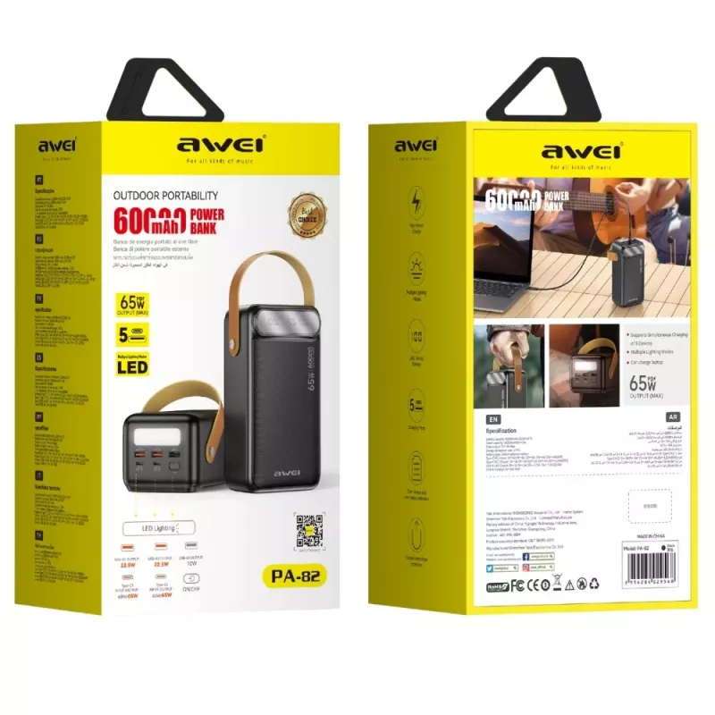 AWEI PA-82 Power Bank 60000mAh 65W PD 2xUSB-A/USB-C μαύρο