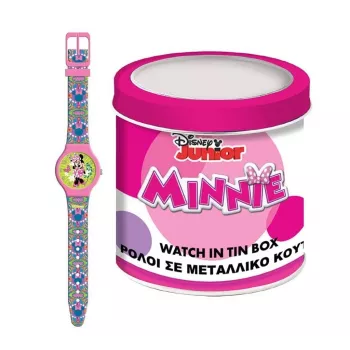 PULIO αναλογικό ρολόι σε μεταλλικό κουτί - Disney Minnie Mouse, ροζ λουράκι PU δέρματος, μηχανισμός quartz, μεταλλική θήκη 30mm, αντοχή στο πιτσίλισμα, κορίτσια από 6 ετών