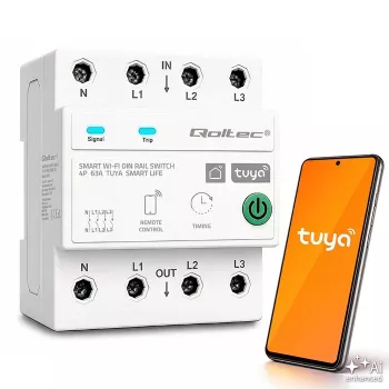 Qoltec 50976 Τριφασικό Έξυπνο Ρελέ Wi-Fi 63A, Ράγα DIN, 3P+N, Χρονοδιακόπτης, Tuya