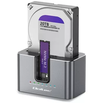 Qoltec 2in1 Σταθμός Σύνδεσης HDD SSD SATA M.2 NVMe με Λειτουργία Κλωνοποίησης, USB-C 3.2 Gen 2, 10Gbps, έως 28TB, Αλουμίνιο