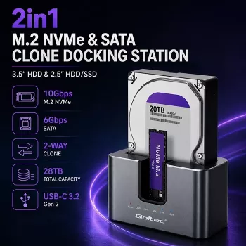 Qoltec 2in1 Σταθμός Σύνδεσης HDD SSD SATA M.2 NVMe με Λειτουργία Κλωνοποίησης, USB-C 3.2 Gen 2, 10Gbps, έως 28TB, Αλουμίνιο