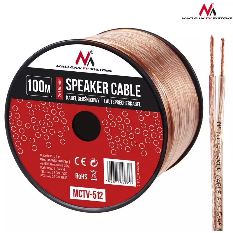 MACLEAN MCTV-512 Καλώδιο ηχείων 100m 2x1,5mm² διαφανές OFC ρολό