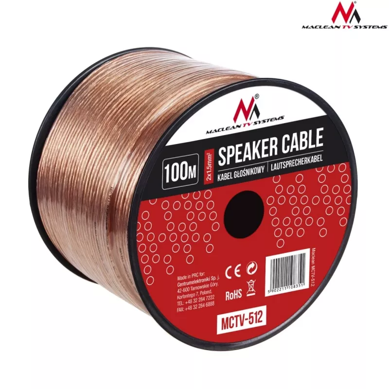 MACLEAN MCTV-512 Καλώδιο ηχείων 100m 2x1,5mm² διαφανές OFC ρολό
