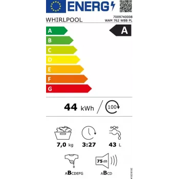 Whirlpool WAM762WBBPL πλυντήριο ρούχων 7 kg 1200 στροφές/λεπτό με τεχνολογία 6th Sense, FreshCare+, Clean+, 14 προγράμματα, οθόνη LED, κλείδωμα για παιδιά, καθυστέρηση έναρξης, ενεργειακή κλάση C, λευκό