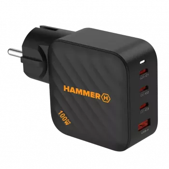 HAMMER RapidCharge Τροφοδοτικό GaN 100W, 2x USB-C PD 100W + 1x USB-A QC 30W, μαύρο