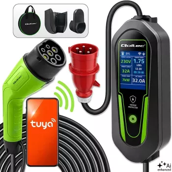 Qoltec Type 2 φορτιστής EV με ρυθμιζόμενο ρεύμα, 7 kW, 230 V, CEE 32 A, Wi-Fi, Tuya Smart Life, LCD, καλώδιο 5 m