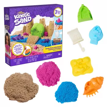 Kinetic Sand Beach Adventure σετ – 907g άμμος σε 3 χρώματα με καλούπια, εργαλεία και λεκάνη παιχνιδιού