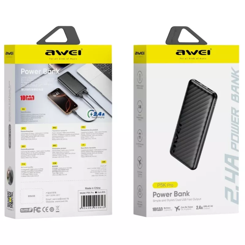 AWEI Power Bank 10000mAh P5K Pro 2xUSB - Μαύρο