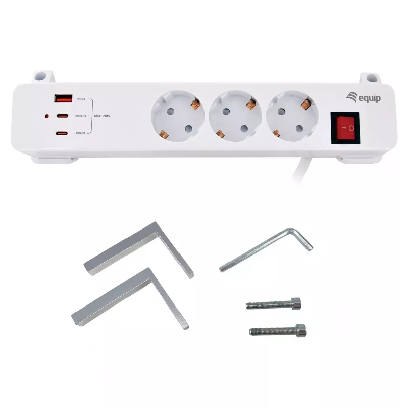 Equip πολύπριζο CEE 7/7 90° σε 3x Schuko / 2x USB-C + USB-A, λευκό, 1,5m