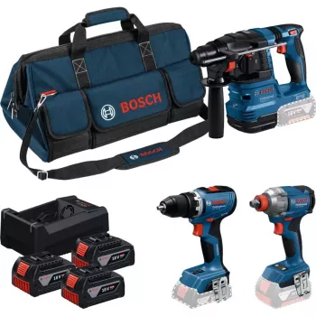 BOSCH Power Tools 18V Professional σετ συνδυασμού: περιστροφικό σφυρί GBH 18V-22 + δραπανάκι GSR 18V-65 + παλμικό κατσαβίδι GDX 18V-285 (μπλε/μαύρο, 3x 5,0 Ah μπαταρίες Li-Ion, τσάντα εργαλείων)